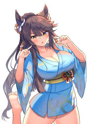 Rule 34 | 1girl, animal ears, bandaid, bandaid on face, bandaid on nose, black hair, blue kimono, blush, breasts, cleavage, commentary request, cowboy shot, ear ornament, foot up, highres, horse ears, horse girl, horse tail, horseshoe print, japanese clothes, kimono, large breasts, long hair, long sleeves, looking at viewer, narita brian (umamusume), parted lips, pointing, pointing at self, simple background, solo, tail, tracen ondo outfit (umamusume), umamusume, very long hair, white background, wide sleeves, yellow eyes, yukata, yuutopia