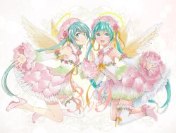 Rule 34 | 2girls, 39, agonasubi, angel, angel wings, aqua eyes, aqua hair, bare shoulders, collaboration, commentary, detached sleeves, dress, feathered wings, flower, from side, full body, hair flower, hair ornament, halo, hatsune miku, high heels, highres, layered dress, legs up, long hair, looking at viewer, looking to the side, lotus, mayo riyo, multicolored clothes, multicolored dress, multiple girls, open mouth, outstretched arm, pink dress, pink flower, pink footwear, pink sleeves, ribbon, shirt, single thighhigh, sleeveless, sleeveless shirt, slippers, smile, symmetry, thighhighs, twintails, very long hair, vocaloid, white background, white dress, white legwear, white sleeves, wide sleeves, wings