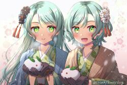 Rule 34 | 2girls, :d, aqua hair, bang dream!, black flower, blush, bow, braid, breath, brown gloves, closed mouth, commentary request, floral print, flower, frilled gloves, frills, gloves, gradient background, green eyes, green kimono, grey background, hair bow, hair flower, hair ornament, hands up, haori, hikawa hina, hikawa sayo, holding, japanese clothes, kimono, light particles, long hair, long sleeves, looking at viewer, low twin braids, medium hair, multicolored background, multiple girls, new year, open mouth, own hands together, pink background, print kimono, sakuramon, shindoi akio, siblings, side-by-side, side braids, sisters, smile, snow rabbit, snowing, swept bangs, tassel, tassel hair ornament, twin braids, twins, twitter username, upper body, white flower, wide sleeves, yellow background, yellow bow