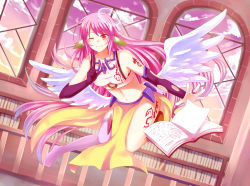 Rule 34 | 10s, 1girl, angel wings, asymmetrical legwear, blush, book, breasts, bridal gauntlets, spiked halo, crop top, cross, feathered wings, fuchsia91, gloves, gradient eyes, gradient hair, halo, jibril (no game no life), long hair, low wings, magic circle, medium breasts, midriff, mismatched legwear, multicolored eyes, multicolored hair, navel, no game no life, one eye closed, orange eyes, pink eyes, pink hair, red eyes, shoes, sideboob, single shoe, smile, solo, striped clothes, striped thighhighs, symbol-shaped pupils, tattoo, thighhighs, very long hair, white wings, wing ears, wings, yellow eyes