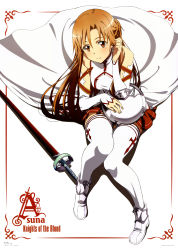Rule 34 | 10s, 1girl, absurdres, asuna (sao), brown eyes, brown hair, character name, detached sleeves, highres, long hair, looking at viewer, pleated skirt, red skirt, sitting, skirt, solo, suzuki gou, sword, sword art online, thighhighs, weapon, white thighhighs