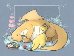 Rule 34 | ampharos, animal focus, berry (pokemon), border, bowl, claws, closed eyes, closed mouth, colored skin, commentary request, creatures (company), dragon, dragon wings, dragonite, game freak, gen 1 pokemon, gen 2 pokemon, gen 3 pokemon, grey background, grey border, highres, knhb tail, lunatone, lying, nintendo, no humans, on grass, on side, orange skin, outside border, plant, pokemon, pokemon (creature), simple background, sleeping, smile, star (symbol), tail, wings, yellow skin