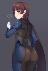 Rule 34 | !, 1girl, absurdres, ass, black bodysuit, black scarf, blue bodysuit, blunt bangs, bodysuit, braid, brown hair, commentary, crown braid, english commentary, gloves, grey background, highres, lilshironeko, long scarf, looking back, niijima makoto, persona, persona 5, scarf, short hair, shoulder spikes, sidelocks, simple background, solo, spikes, two-tone bodysuit, white gloves