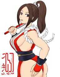 Rule 34 | 1girl, ass, breasts, brown eyes, brown hair, fan, fatal fury, fingerless gloves, gloves, hand on own ass, highres, huge ass, large breasts, legs, leotard, long hair, looking at viewer, parted lips, pink lips, ponytail, shihu zou, shiranui mai, sideboob, smile, snk, solo, the king of fighters, thick thighs, thighs, thong leotard