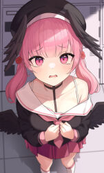 Rule 34 | 1girl, absurdres, black choker, black headwear, black wings, blue archive, blush, bra, bra strap, choker, feathered wings, flower, hair flower, hair ornament, halo, head wings, highres, koharu (blue archive), looking at viewer, low wings, medium hair, neckerchief, off shoulder, open mouth, pink eyes, pink hair, pink neckerchief, pipipipyu, sailor collar, solo, twintails, underwear, white sailor collar, winged hat, wings