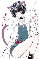 Rule 34 | 10s, 1girl, animal ears, belt, black hair, cat ears, cat tail, choker, collarbone, heart, highres, ilohasvio, jewelry, lab coat, lipstick mark, looking at viewer, nail polish, necklace, persona, persona 5, red eyes, short hair, simple background, sketch, solo, tail, takemi tae