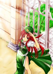 Rule 34 | 1girl, braid, breasts, chaigidhiell, china dress, chinese clothes, dress, female focus, gate, hat, highres, hong meiling, long hair, nature, outdoors, plant, purple eyes, red hair, salute, side braid, side slit, solo, star (symbol), touhou, twin braids