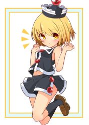 Rule 34 | 1girl, adapted costume, bare arms, black socks, blonde hair, blush, brown footwear, commentary request, full body, hat, highres, inon, kneehighs, loafers, looking at viewer, lunasa prismriver, navel, notice lines, parted lips, shoes, short hair, side slit, skirt, skirt set, sleeveless, socks, solo, touhou, yellow eyes