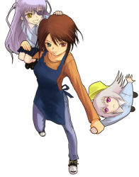 Rule 34 | 00s, 3girls, :d, aged down, apron, barasuishou, brown hair, carrying, denim, flower eyepatch, green eyes, hat, heterochromia, holding hands, kindergarten, kindergarten teacher, kindergarten uniform, long hair, long sleeves, looking at viewer, multiple girls, open mouth, pants, pink eyes, red eyes, rozen maiden, shirt, short hair, silver hair, simple background, smile, souseiseki, standing, suigintou, two side up, very long hair, white background, yellow eyes