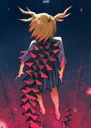 Rule 34 | 1girl, absurdres, barefoot, blonde hair, commentary, dated, dragon horns, from behind, full body, highres, horns, kicchou yachie, pleated skirt, shaw9987, short hair, short sleeves, signature, skirt, solo, spiked tail, standing, tail, touhou
