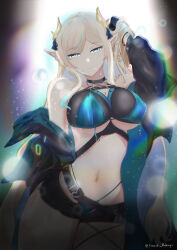 1girl absurdres bikini black_jacket black_shorts blonde_hair blue_bikini blue_eyes bracelet breasts chest_strap cleavage closed_mouth hair_in_own_mouth hand_in_own_hair highres hikanari_hina jacket jewelry large_breasts layered_bikini navel o-ring off_shoulder open_fly phase_connect pointy_ears short_shorts shorts solo sparkling_eyes swimsuit twitter_username virtual_youtuber wing_hair_ornament yharnams_finest