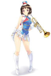 Rule 34 | 10s, 1girl, aiguillette, band uniform, bare shoulders, black hair, blush, boots, breasts, brown hair, buttons, clothes lift, contrapposto, elbow gloves, full body, gloves, hand on own thigh, hat, hibike! euphonium, high heel boots, high heels, highres, holding, instrument, knee boots, legs, miniskirt, mole, mole under eye, nagayori, nakaseko kaori, panties, pantyshot, parted lips, pink eyes, pleated skirt, purple eyes, shadow, short hair, simple background, skirt, skirt lift, sleeveless, solo, standing, trumpet, turtleneck, underwear, white background, white footwear, white gloves, white legwear, white panties