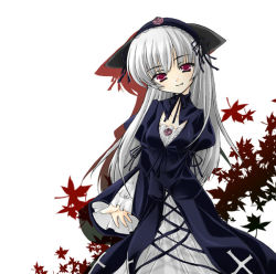 Rule 34 | 00s, 1girl, dress, fang, flower, gothic lolita, hairband, head tilt, lolita fashion, long hair, looking at viewer, purple eyes, rose, rozen maiden, setins, silver hair, simple background, smile, solo, suigintou, white background