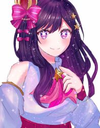Rule 34 | 1girl, bare shoulders, blush, bow, closed mouth, commentary, crown, detached sleeves, hair between eyes, hair bow, hair ornament, highres, hoshino ai (oshi no ko), light particles, long hair, long sleeves, looking at viewer, mini crown, oshi no ko, pink bow, purple eyes, rinringo, shirt, simple background, sleeveless, sleeveless shirt, smile, solo, star-shaped pupils, star (symbol), star hair ornament, symbol-shaped pupils, upper body, white background, white shirt