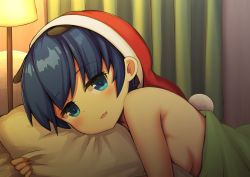 Rule 34 | bare shoulders, blanket, blue eyes, blush, breasts, curtains, doremy sweet, hat, highres, indoors, lamp, legacy of lunatic kingdom, looking at viewer, lying, nightcap, on bed, on side, pillow, pillow grab, pom pom (clothes), red hat, saisoku no yukkuri, short hair, sideboob, small breasts, smile, solo, touhou, under covers