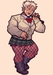 Rule 34 | 1boy, absurdres, alternate costume, bag, bara, beard, boarsunrise, boots, bow, bowtie, brown jacket, contrapposto, cosplay, cross scar, crossdressing, ellie (housamo), ellie (housamo) (cosplay), facial hair, fangs, fishnet pantyhose, fishnets, hand up, highres, jacket, kresnik (housamo), large pectorals, looking to the side, male focus, mature male, muscular, muscular male, pantyhose, pectorals, pleated skirt, red bow, red bowtie, scar, scar on face, scar on forehead, short hair, skirt, smile, solo, thighs, tokyo houkago summoners