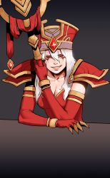 Rule 34 | 1girl, absurdres, armor, breasts, claw (weapon), cleavage, elbow gloves, gem, gloves, gogalking, gradient background, grey background, hair between eyes, hat, highres, holding, holding staff, large breasts, long hair, looking at viewer, pauldrons, red eyes, red gloves, sally whitemane, shoulder armor, smile, solo, staff, warcraft, weapon, white hair, world of warcraft