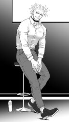 Rule 34 | 1boy, bottle, chair, collared shirt, deruha (this communication), greyscale, half-closed eyes, highres, huge eyebrows, male focus, monochrome, own hands together, pants, pectorals, shirt, short hair, sitting, smile, solo, spiked hair, this communication, toned, toned male, umedairuka, water bottle
