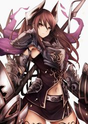 Rule 34 | 10s, 1girl, armor, armpits, bad id, bad twitter id, black shirt, black skirt, breastplate, brown hair, closed mouth, cowboy shot, draph, dual wielding, forte (shingeki no bahamut), gauntlets, granblue fantasy, holding, holding weapon, horns, lance, long hair, looking at viewer, looking to the side, miniskirt, navel, pauldrons, polearm, red eyes, shingeki no bahamut, shirt, shoulder armor, sideways glance, skirt, skirt set, sleeveless, sleeveless shirt, snm (sunimi), solo, stomach, weapon, white background