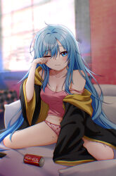 Rule 34 | 1girl, absurdres, blue eyes, blue hair, blush, brand name imitation, breasts, can, cleavage, closed mouth, drink can, elie wayne, highres, jacket, jan azure, large breasts, long hair, long sleeves, looking at viewer, mole, mole on thigh, off shoulder, one eye closed, original, panties, pillow, pink panties, pink tank top, rubbing eyes, sitting, soda can, solo, strap slip, tank top, underwear, wariza, window