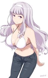 Rule 34 | 1girl, arms behind back, bare shoulders, bikini, bikini top only, black pants, blunt bangs, breasts, cleavage, collarbone, commentary request, cowboy shot, denim, hair intakes, hairband, idolmaster, idolmaster (classic), idolmaster million live!, jeans, kichihachi, large breasts, long hair, navel, pants, purple eyes, shijou takane, silver hair, smile, solo, swimsuit, white background
