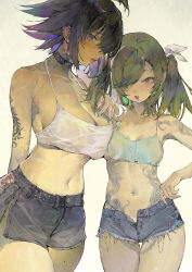 Rule 34 | 2girls, arm behind back, arm tattoo, bare shoulders, breasts, choker, cleavage, crop top, cutoffs, ear piercing, earrings, fang, girls&#039; frontline neural cloud, green hair, hair over one eye, halterneck, hand on own hip, highres, jewelry, large breasts, looking at viewer, multicolored hair, multiple girls, navel, nora (neural cloud), open mouth, piercing, red eyes, short hair, short shorts, shorts, small breasts, standing, stomach tattoo, studded choker, t lege d, tank top, tattoo, twintails, white background, white tank top, zangyin (neural cloud)