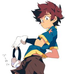 Rule 34 | 1boy, brown hair, brown shorts, chokota, cowboy shot, digimon, digimon adventure, dutch angle, gloves, goggles, unworn goggles, hand on own hip, looking at viewer, male focus, shirt, shorts, simple background, solo, spiked hair, t-shirt, white background, white gloves, yagami taichi