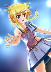 Rule 34 | 1girl, :d, blonde hair, blush, bow, diesel-turbo, fate testarossa, hair ornament, hairpin, looking at viewer, lyrical nanoha, mizuki nana, open mouth, outline, pleated skirt, red eyes, ribbon, voice actor connection, skirt, smile, solo, waving