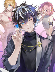 Rule 34 | 3boys, :d, ;q, astolfo (fate), black hair, black pants, black shirt, blonde hair, blue eyes, braid, charlemagne (fate), covering privates, dart, dartboard, detached collar, fang, fate/grand order, fate (series), feet out of frame, glint, gradient background, grey jacket, hair between eyes, hair intakes, hair ornament, hand on own chin, head tilt, highres, holding dart, jacket, lapels, light particles, long hair, looking at viewer, male focus, multicolored hair, multiple boys, necktie, nude, nude cover, one eye closed, open mouth, pants, pink background, pink hair, pink necktie, poppoman, purple eyes, roland (fate), shawl lapels, shirt, short hair, single braid, skin fang, sleeveless, sleeveless turtleneck, sleeveless turtleneck crop top, smile, streaked hair, tongue, tongue out, trap, turtleneck, turtleneck crop top, upper body, v, white background, white hair, white shirt, wrist cuffs