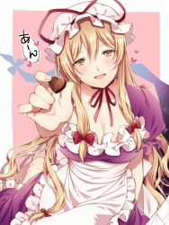 Rule 34 | 1girl, :d, alternate costume, apron, back bow, barefoot, blonde hair, bow, breasts, candy, chocolate, chocolate heart, choker, cleavage, collarbone, commentary, dress, english commentary, eyelashes, fingernails, food, frilled apron, frilled sleeves, frills, gap (touhou), hair between eyes, hair ribbon, hat, heart, highres, holding, holding food, incoming food, kirisita, large breasts, long hair, looking at viewer, mob cap, open mouth, outside border, parted lips, pink background, puffy short sleeves, puffy sleeves, purple dress, red choker, red ribbon, ribbon, ribbon choker, sash, short sleeves, sidelocks, simple background, smile, solo, touhou, translation request, tress ribbon, very long hair, waist apron, white apron, white hat, white sash, yakumo yukari, yellow eyes