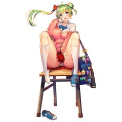 Rule 34 | 1girl, bag, blouse, blue eyes, blush, breasts, cardigan, chair, collared shirt, converse, full body, game cg, green hair, hair bun, highres, jewelry, kneehighs, large breasts, last origin, lindwurm (last origin), necklace, official art, open mouth, paintale, panties, pleated skirt, red skirt, ribbon, school bag, school uniform, shirt, shoes, single hair bun, single shoe, sitting, skirt, smile, sneakers, socks, solo, tachi-e, transparent background, underwear, upskirt, white socks, white shirt