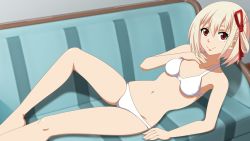 Rule 34 | 1girl, arm support, blonde hair, bow, bra, breasts, commission, couch, feet, hair bow, highres, knees, legs, lycoris recoil, navel, nepiris, nishikigi chisato, nose, panties, red eyes, short hair, smile, stomach, thighs, underwear, white bra, white panties