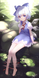 Rule 34 | 1girl, animal, arm at side, artist name, bare legs, barefoot, blue bow, blue dress, blue eyes, blue hair, bow, bug, butterfly, cirno, closed mouth, collared shirt, crystal, dappled sunlight, dated, detached wings, dress, eyebrows, hand on own chest, ice, ice wings, insect, kyuri tizu, lily pad, looking at viewer, matching hair/eyes, melting, outdoors, puffy short sleeves, puffy sleeves, red ribbon, ribbon, shirt, short dress, short hair, short sleeves, signature, smile, soaking feet, solo, sunlight, touhou, white shirt, wing collar, wings