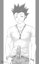 Rule 34 | 1boy, artist name, belt, bracelet, cowboy shot, erection, erection under clothes, closed eyes, gon freecss, grin, hunter x hunter, jeans, jewelry, male focus, monochrome, muscular, necklace, aged up, penis, shailo, smile, solo, spiked hair, teeth, watch, wristwatch