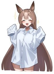Rule 34 | 1girl, absurdres, alternate costume, animal ears, brown hair, closed eyes, commentary request, cowboy shot, dress shirt, facing viewer, hair between eyes, highres, horse ears, horse girl, kuroto mato, long hair, multicolored hair, open mouth, satono diamond (umamusume), shirt, simple background, sleeves past fingers, sleeves past wrists, smile, solo, streaked hair, umamusume, very long hair, very long sleeves, white background, white hair