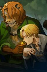 Rule 34 | 2boys, bandage over one eye, blonde hair, cape, cigarette, from side, furry, furry male, gen me, gloves, hair over one eye, highres, lighting cigarette, male focus, medium hair, multiple boys, notched ear, one piece, panther boy, panther ears, pedro (one piece), profile, sanji (one piece), short hair, smile, tusks, upper body