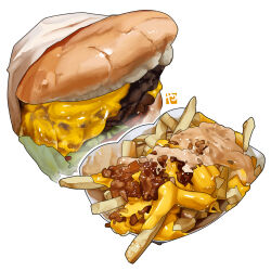 Rule 34 | burger, cheese, commentary, english commentary, food, food focus, food wrapper, french fries, in-n-out burger, lettuce, no humans, sauce, simple background, studiolg, white background