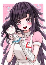 Rule 34 | 1girl, :d, apron, bandaged arm, bandages, blush, breasts, character doll, collared shirt, danganronpa (series), danganronpa 2: goodbye despair, doll, flying sweatdrops, heart, highres, holding, holding doll, large breasts, long hair, looking at viewer, mole, mole under eye, mozuku (iiiiiiimomo), open mouth, outline, pink background, pink eyes, pink shirt, puffy short sleeves, puffy sleeves, shirt, short sleeves, smile, solo, teeth, tsumiki mikan, two-tone shirt, upper body, upper teeth only, white apron, white outline