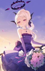 Rule 34 | 1girl, absurdres, bare shoulders, bead necklace, beads, black halo, black horns, blue archive, bouquet, breasts, cleavage, collarbone, dkxlek, dress, earrings, falling petals, flower, frilled dress, frills, gloves, gradient sky, halo, highres, hina (blue archive), hina (dress) (blue archive), holding, holding bouquet, horns, jewelry, looking at viewer, medium hair, necklace, official alternate costume, official alternate hairstyle, outdoors, petals, purple dress, purple eyes, purple gloves, sky, small breasts, solo, strapless, strapless dress, upper body, white hair