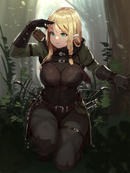 Rule 34 | 1girl, aqua eyes, arm belt, armor, arrow (projectile), belt, belt pouch, black gloves, black pantyhose, blonde hair, boots, bow (weapon), braid, breasts, bustier, closed mouth, dappled sunlight, elf, food, forest, gloves, hair tubes, highres, hood, hood down, houtengeki, knife, large breasts, leotard, long hair, long sleeves, looking away, looking to the side, nature, on one knee, original, outdoors, pantyhose, pocky, pointy ears, pouch, quiver, shading eyes, solo, sunlight, swept bangs, thigh strap, weapon, weapon on back