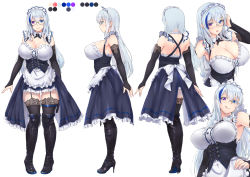 Rule 34 | 1girl, apron, arm up, ass, back, backboob, bare shoulders, black footwear, black gloves, black thighhighs, blue eyes, blue hair, blue skirt, boots, breasts, bridal gauntlets, character sheet, cleavage, closed mouth, corset, cross-laced footwear, detached collar, elbow gloves, from side, glasses, gloves, hand on own hip, head tilt, heterochromia, high heel boots, high heels, highres, lace-up boots, large breasts, licking lips, light blue hair, long hair, looking at viewer, maid, maid headdress, multiple views, original, pigeon-toed, profile, purple eyes, shoulder blades, sideboob, skirt, smile, standing, stiletto boots, stiletto heels, thighhighs, tongue, tongue out, toriatto gununu, waist apron