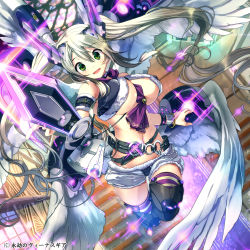Rule 34 | 1girl, belt, between breasts, blonde hair, bouncing breasts, breasts, copyright name, eigou no venus gear, flying, green eyes, highres, jewelry, large breasts, lens flare, long hair, lots of jewelry, lucifer (eigou no venus gear), lucifer (mythology), mechanical wings, no bra, scarf, short shorts, shorts, smile, solo, underboob, wings, yamacchi