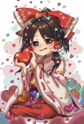 Rule 34 | 1girl, ascot, bare shoulders, blush, bow, brown eyes, brown hair, detached sleeves, hair bow, hair tubes, hakurei reimu, heart, highres, holding, holding heart, japanese clothes, long hair, looking at viewer, matsukuzu, nontraditional miko, open mouth, red bow, red skirt, ribbon-trimmed sleeves, ribbon trim, sidelocks, skirt, solo, touhou, white sleeves, wide sleeves, yellow ascot