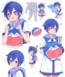 Rule 34 | + +, 1boy, 1other, backpack, bag, blue eyes, blue hair, blue nails, flying sweatdrops, food, food on face, highres, holding, holding stuffed toy, kaito (vocaloid), looking at viewer, mogu (wy5xrt7w), project diva (series), short hair, stuffed animal, stuffed dolphin, stuffed toy, translated, vocaloid