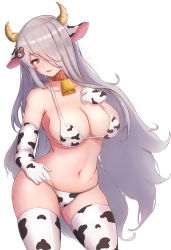 Rule 34 | 1girl, absurdres, animal ears, animal print, bear hair ornament, bell, bikini, breasts, cleavage, collar, collarbone, contrapposto, cow ears, cow horns, cow print, cow print bikini, cowbell, cowboy shot, elbow gloves, girls&#039; frontline, gloves, grey hair, hair ornament, hair over one eye, hand on own chest, highres, horns, large breasts, long hair, navel, neck bell, omurainu, parted lips, pk (girls&#039; frontline), print bikini, red collar, red eyes, simple background, solo, swimsuit, thighhighs, thighs, very long hair, white background