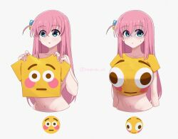 Rule 34 | 1girl, :o, blue eyes, bocchi the rock!, breasts, emoji, flushed face emoji, flushed face emoji shirt (meme), gotoh hitori, hair ornament, highres, holding, holding clothes, holding shirt, inkspirate, large breasts, long hair, meme, multiple views, navel, pink hair, shirt, simple background, sweatdrop, topless, upper body, white background