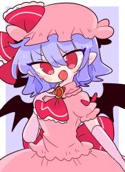 Rule 34 | 1girl, ascot, bat wings, bow, brooch, collared shirt, elbow gloves, fang, frilled shirt collar, frilled skirt, frilled sleeves, frills, gloves, hat, hat ribbon, highres, jewelry, light purple hair, mob cap, op na yarou, pink hat, pink shirt, pink skirt, puffy short sleeves, puffy sleeves, purple hair, red ascot, red bow, red eyes, red ribbon, remilia scarlet, ribbon, shirt, short hair, short sleeves, skirt, skirt set, slit pupils, solo, touhou, waist bow, wings, wrist cuffs