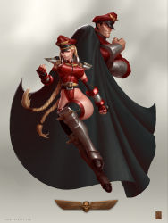 Rule 34 | 1boy, 1girl, alternate costume, armor, black thighhighs, blonde hair, braid, breasts, cammy white, cosplay, covered erect nipples, curvy, gradient background, greaves, hat, highres, large breasts, leotard, long hair, m. bison, m bison (cosplay), military, official alternate costume, peaked cap, red leotard, shoulder pads, street fighter, street fighter iv (series), thighhighs, thong leotard, twin braids, tyler james, uniform, very long hair, wide hips