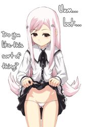 Rule 34 | 00s, blouse, blush, bow, clothes lift, date (senpen), frills, lowleg, lowleg panties, lucy maria misora, panties, pink eyes, pink hair, shirt, skirt, skirt lift, thigh gap, thighs, to heart (series), to heart 2, translated, underwear, white panties