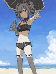 Rule 34 | 10s, 1girl, :&gt;, armpits, blush, breasts, cloud, day, detached collar, drawr, drill hair, elbow gloves, female focus, gloves, gothic lolita, grey hair, hair between eyes, idolmaster, idolmaster cinderella girls, kanzaki ranko, lolita fashion, looking at viewer, medium hair, mensoubou, navel, ocean, oekaki, outstretched arm, parasol, red eyes, single elbow glove, sky, small breasts, solo, swimsuit, thighhighs, twin drills, twintails, umbrella, underwear, underwear only
